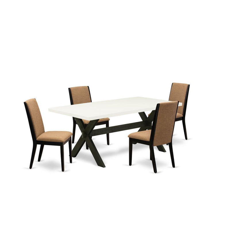 East West Furniture X627LA147-5 5-Piece Beautiful Dining Room Table Set an Excellent Linen White rectangular Table Top and 4 Gorgeous Solid Wood Legs and Linen Fabric Seat Parson Dining Chairs with St