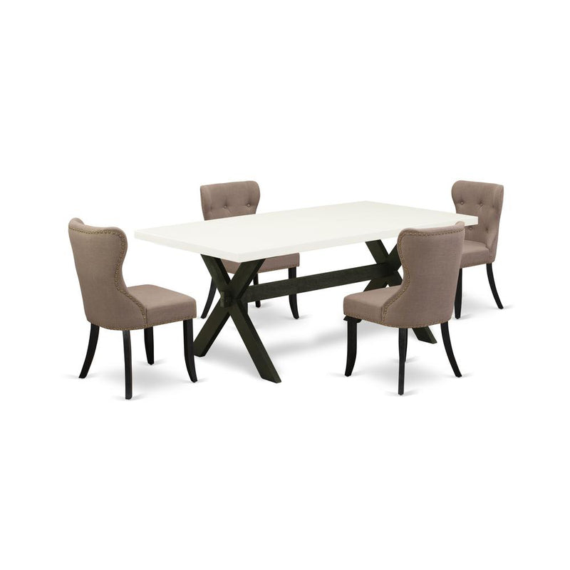 East West Furniture 5-Pc Wood Dining Table Set-Coffee Linen Fabric Seat and Button Tufted Back Kitchen Chairs and Rectangular Top Dining Table with Wood Legs - Linen White and Wirebrushed Black Finish