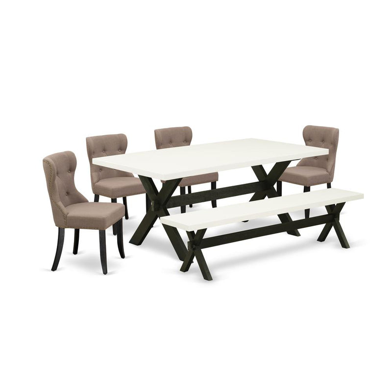 East West Furniture 6-Pc Mid Century Dining Table Set-Coffee Linen Fabric Seat and Button Tufted Back Parson Chairs and Rectangular Top Dinette Table and Wooden Bench with Wooden Legs - Linen White an