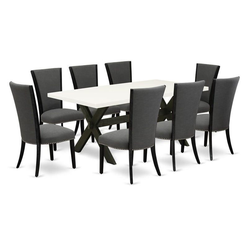 East West Furniture X627VE650-9 9Pc Dining Set Offers a Dining Room Table and 8 Parsons Dining Room Chairs with Dark Gotham Grey Color Linen Fabric, Medium Size Table with Full Back Chairs, Wirebrushe