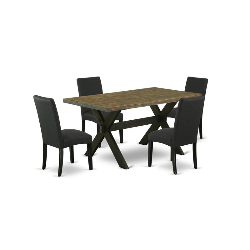 East West Furniture X676DR124-5 5-Piece Dining Room Table Set- 4 Mid Century Dining Chairs with Black Linen Fabric Seat and Stylish Chair Back - Rectangular Table Top & Wooden Cross Legs - Distressed