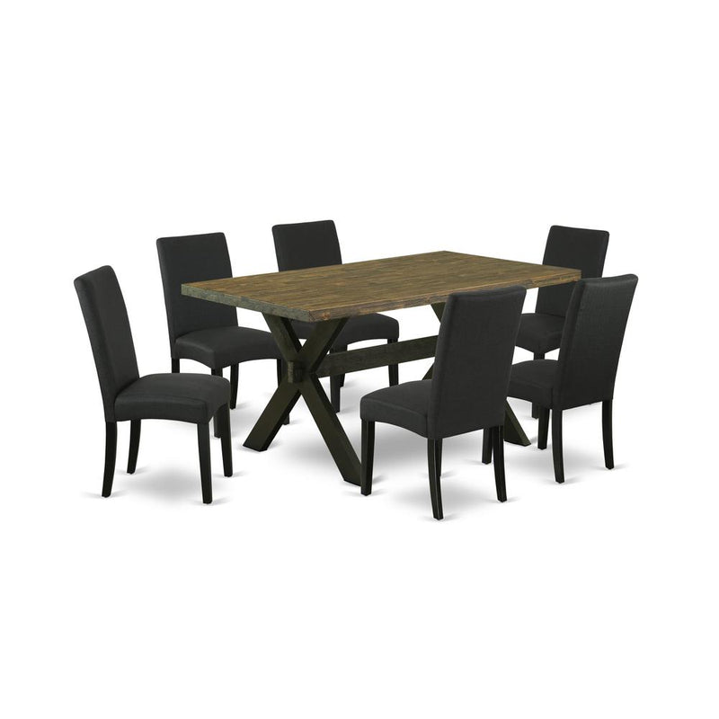 East West Furniture X676DR124-7 7-Pc Modern Dining Table Set- 6 Dining Padded Chairs with Black Linen Fabric Seat and Stylish Chair Back - Rectangular Table Top & Wooden Cross Legs - Distressed Jacobe