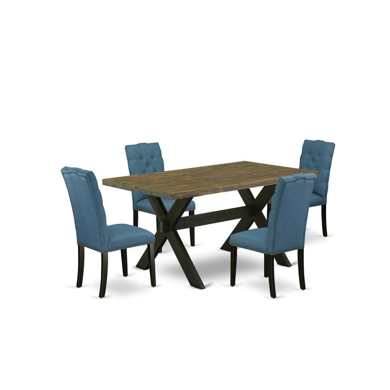 East West Furniture X676EL121-5 5-Piece Awesome Dining Table Set an Excellent Distressed Jacobean Dining Table Top and 4 Beautiful Linen Fabric Kitchen Chairs with Nail Heads and Button Tufted Chair B