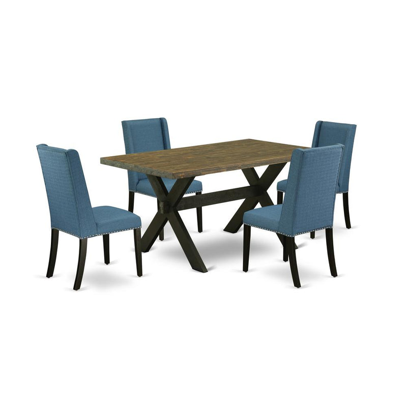 East West Furniture X676FL121-5 5-Piece Fashionable Dining Room Table Set a Good Distressed Jacobean Dining Room Table Top and 4 Excellent Linen Fabric Kitchen Chairs with Nail Heads and Stylish Chair