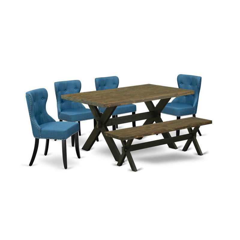 East West Furniture X676SI121-6 6-Pc Modern Dining Table Set- 4 Padded Parson Chairs with Blue Linen Fabric Seat and Button Tufted Chair Back - Rectangular Top & Wooden Cross Legs Modern Dining Table