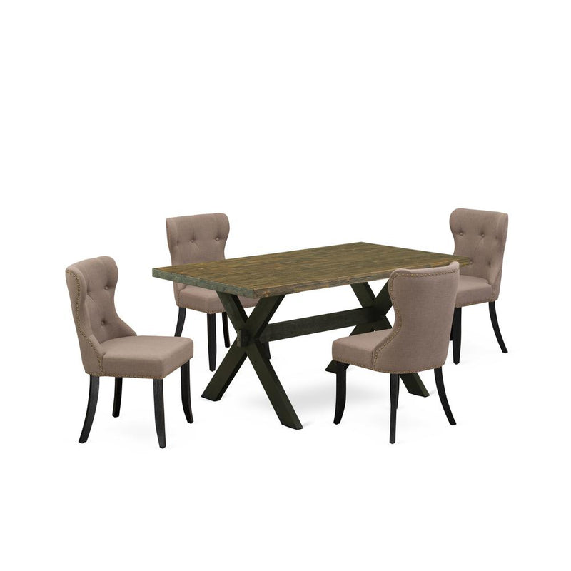 East West Furniture X676SI648-5 5-Piece Dining Set- 4 Parson Dining Chairs with Coffee Linen Fabric Seat and Button Tufted Chair Back - Rectangular Table Top & Wooden Cross Legs - Distressed Jacobean