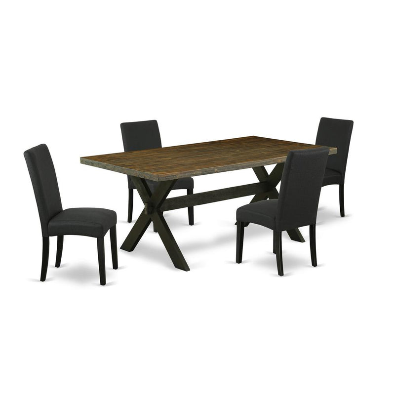 East West Furniture X677DR124-5 5-Pc Dining Table Set- 4 Dining Padded Chairs with Black Linen Fabric Seat and Stylish Chair Back - Rectangular Table Top & Wooden Cross Legs - Distressed Jacobean and