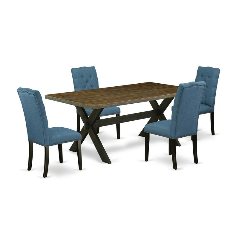 East West Furniture X677EL121-5 5-Piece Stylish Dining Room Set an Outstanding Distressed Jacobean Modern Dining Table Top and 4 Excellent Linen Fabric Upholstered Dining Chairs with Nail Heads and Bu