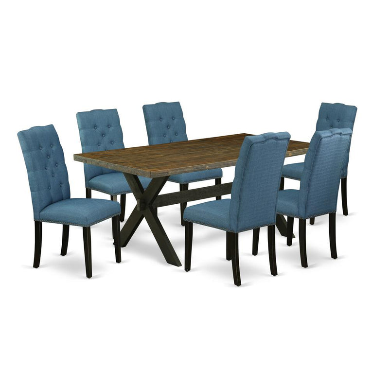 East West Furniture X677EL121-7 7-Piece Gorgeous Rectangular Dining Room Table Set a Superb Distressed Jacobean dining table Top and 6 Wonderful Linen Fabric Parson Dining Room Chairs with Nail Heads