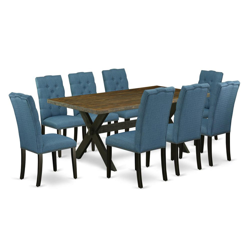 East West Furniture X677EL121-9 9-Piece Modern a Good Distressed Jacobean Wood Dining Table Top and 8 Stunning Linen Fabric Kitchen Chairs with Nail Heads and Button Tufted Chair Back, Wire Brushed Bl