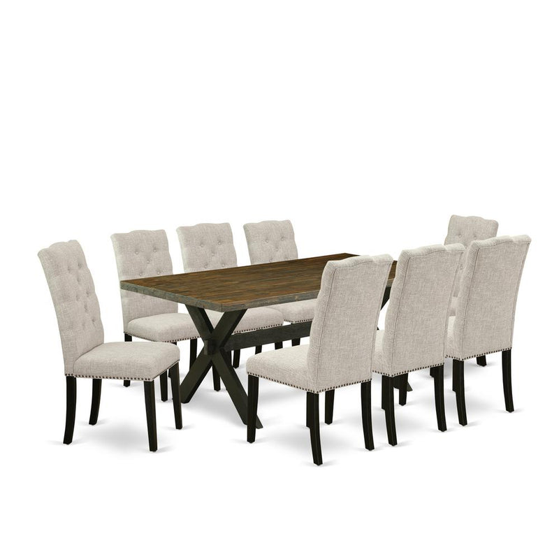 East West Furniture X677EL635-9 - 9-Piece Dining Table Set - 8 Person Dining Chairs and Small a Rectangular Table Solid Wood Frame – High Stylish Back & Linen White Finish