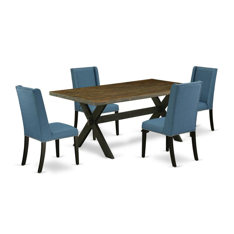 East West Furniture X677FL121-5 5-Piece Modern Dining Room Table Set a Great Distressed Jacobean Kitchen Rectangular Table Top and 4 Excellent Linen Fabric Parson Chairs with Nail Heads and Stylish Ch