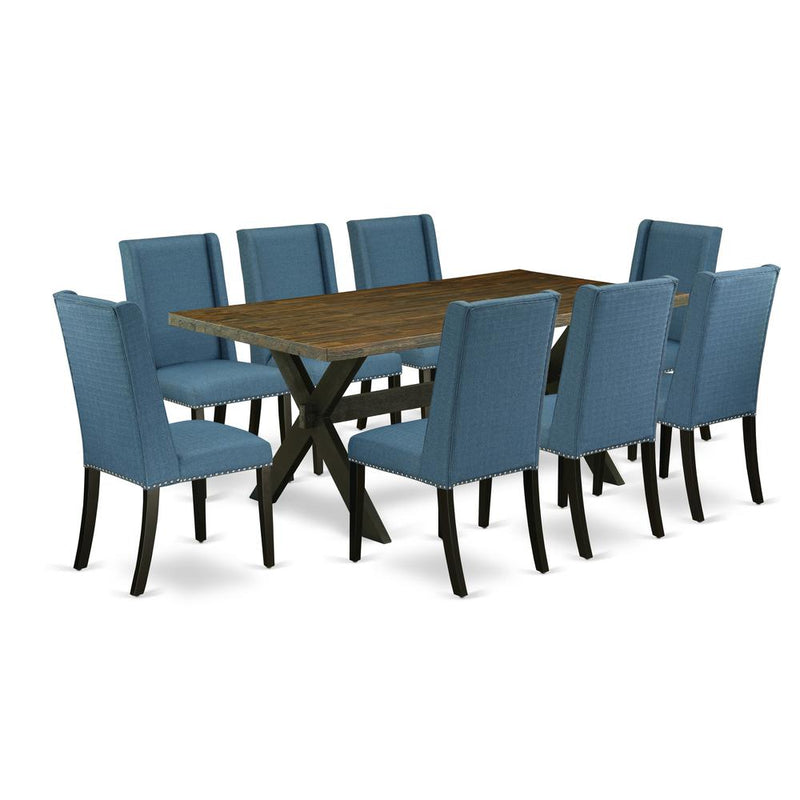 East West Furniture X677FL121-9 9-Piece Awesome Dining Table Set a Good Distressed Jacobean rectangular Table Top and 8 Awesome Linen Fabric Parson Dining Room Chairs with Nail Heads and Stylish Chair