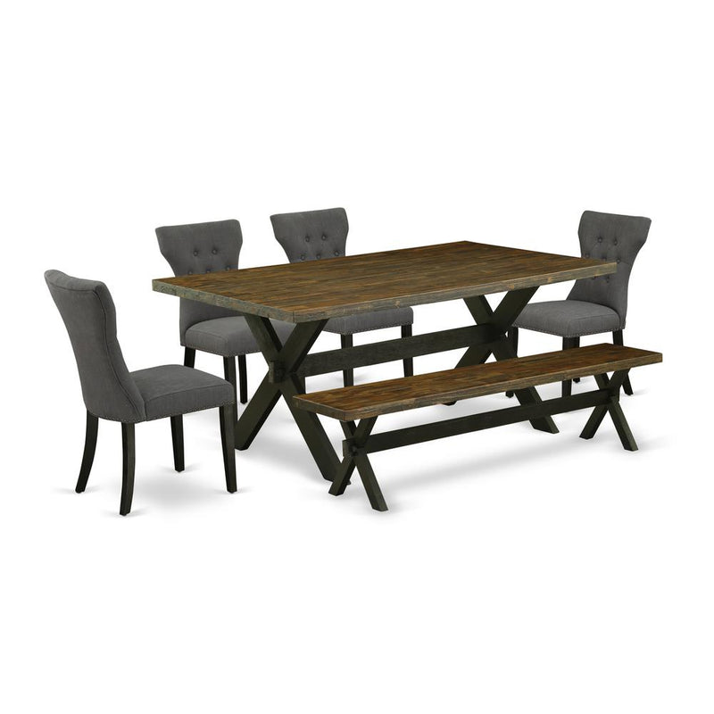 East West Furniture 6-Piece Mid Century Dining Table Set-Dark Gotham Grey Linen Fabric Seat and Button Tufted Chair Back Parson Dining chairs, A Rectangular Bench and Rectangular Top Wood Kitchen Tabl