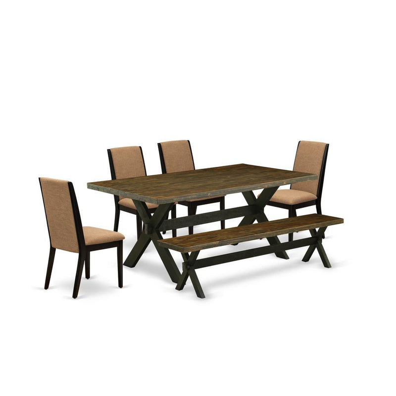 East West Furniture X677LA147-6 6-Piece Beautiful Dinette Set an Outstanding Distressed Jacobean Kitchen Table Top and Distressed Jacobean Indoor Bench and 4 Stunning Linen Fabric Dining Chairs with S