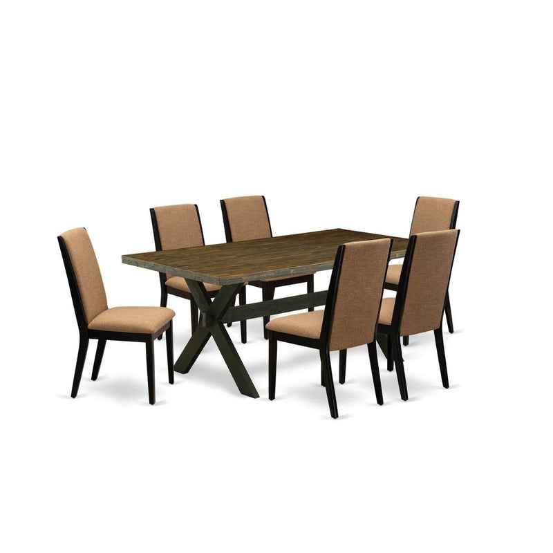 East West Furniture X677LA147-7 7-Piece Amazing Dining Room Set a Great Distressed Jacobean Kitchen Table Top and 6 Beautiful Linen Fabric Kitchen Chairs with Stylish Chair Back, Wire Brushed Black Fi