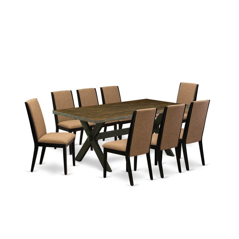 East West Furniture X677LA147-9 9-Piece Amazing Dining Set a Good Distressed Jacobean Wood Dining Table Top and 8 Gorgeous Linen Fabric Modern Dining Chairs with Stylish Chair Back, Wire Brushed Black