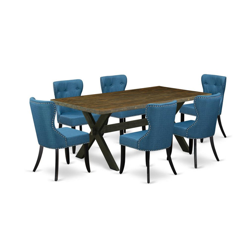 East West Furniture X677SI121-7 7-Piece Dinette Set- 6 Parson Dining Room Chairs with Blue Linen Fabric Seat and Button Tufted Chair Back - Rectangular Table Top & Wooden Cross Legs - Distressed Jacob