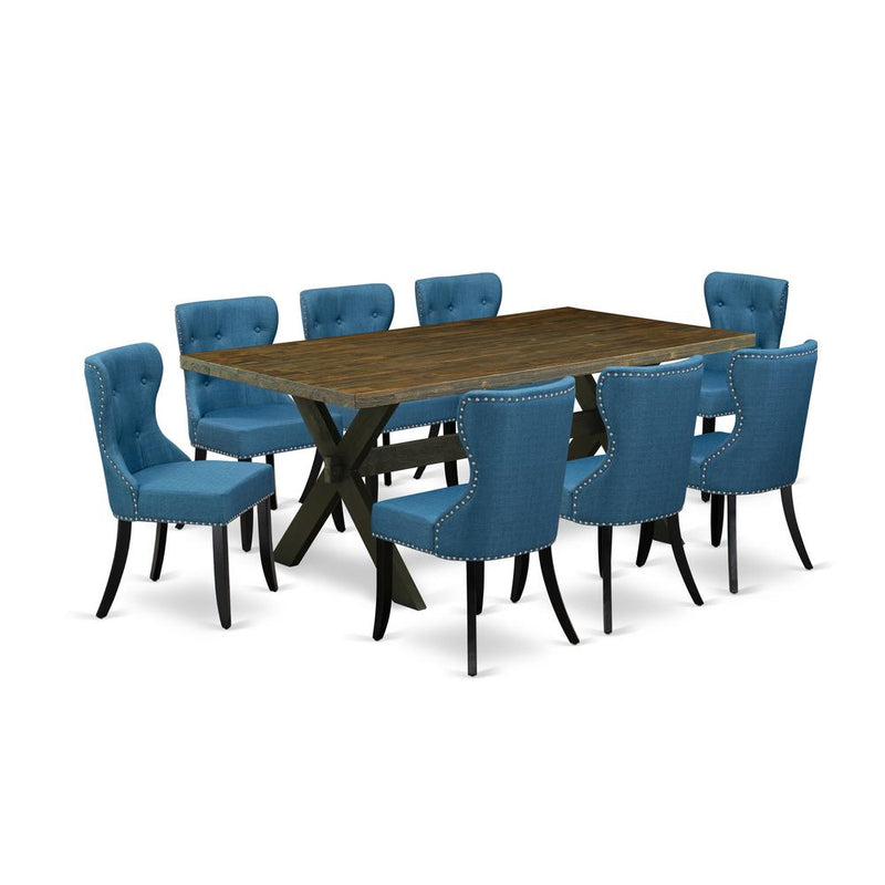 East West Furniture X677SI121-9 9-Pc Dining Room Set- 8 Dining Padded Chairs with Blue Linen Fabric Seat and Button Tufted Chair Back - Rectangular Table Top & Wooden Cross Legs - Distressed Jacobean