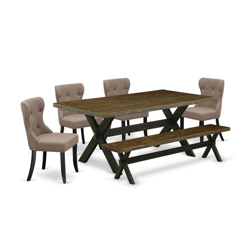 East West Furniture X677SI648-6 6-Pc Dining Table Set- 4 Parson Dining Chairs with Coffee Linen Fabric Seat and Button Tufted Chair Back - Rectangular Top & Wooden Cross Legs dining table and Dining B