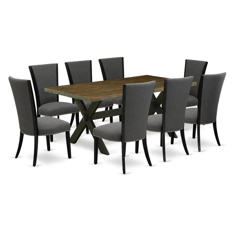 East West Furniture X677VE650-9 9Pc Kitchen Table Sets Consists of a Rectangle Table and 8 Parsons Dining Room Chairs with Dark Gotham Grey Color Linen Fabric, Medium Size Table with Full Back Chairs,