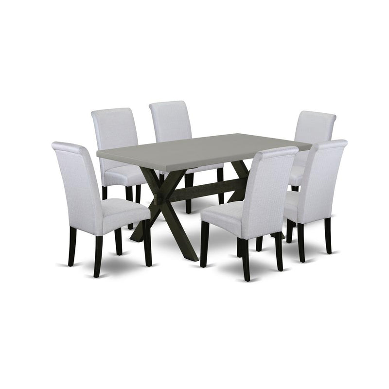 East West Furniture X696BA105-7 7-Pc Kitchen Dining Room Set - 6 Upholstered Dining Chairs and 1 Modern Cement Dining Table Top with High Roll Chair Back – Wire Brushed Black Finish