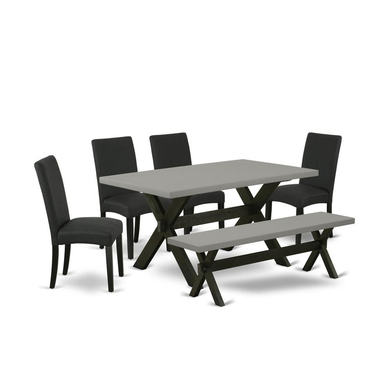 East West Furniture 6-Pc Modern Dining Set- 4 Mid Century Dining Chairs with Black Linen Fabric Seat and Stylish Chair Back - Rectangular Top & Wooden Cross Legs Wood Kitchen Table and Bench - Cement