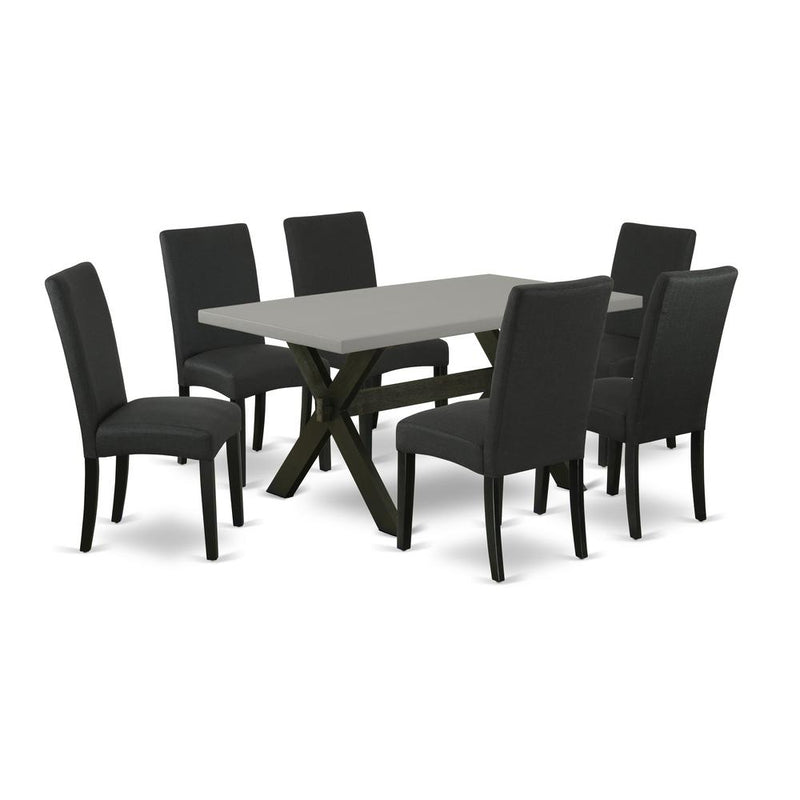 East West Furniture 7-Piece Modern Dining Set- 6 Upholstered Dining Chairs with Black Linen Fabric Seat and Stylish Chair Back - Rectangular Table Top & Wooden Cross Legs - Cement and Black Finish