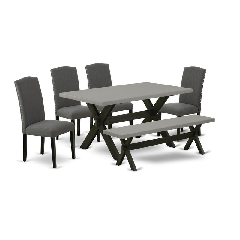 East West Furniture X696EN120-6 6-Pc Dining Table Set - 4 Dining Chairs, a Modern Bench Cement Top and 1 Modern Cement Dining Table Top - Wire Brushed Black Finish