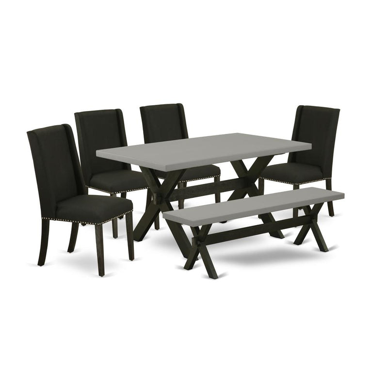 East West Furniture 6-Pc Dining Table Set-Black Linen Fabric Seat and Button Tufted Chair Back Kitchen chairs, A Rectangular Bench and Rectangular Top dining room table with Wooden Legs - Cement and W