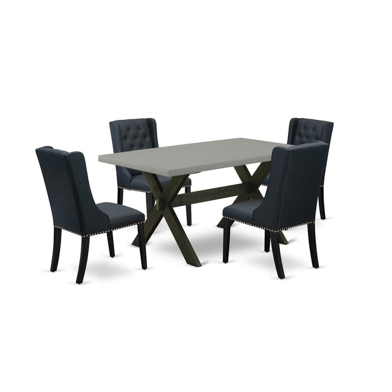 East West Furniture X696FO624-5 5 Pc Dining Room Table Set Includes 4 Black Linen Fabric Dining Room Chairs with Button Tufted and Cement Dining Room Table - Wire Brush Black Finish