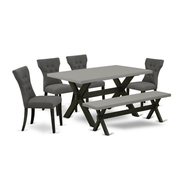 East West Furniture 6-Piece Dining room Table Set-Dark Gotham Grey Linen Fabric Seat and Button Tufted Chair Back Dining chairs, A Rectangular Bench and Rectangular Top Mid Century Dining Table with W