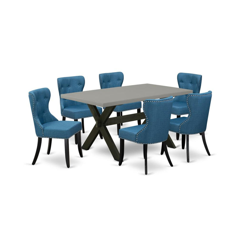 East West Furniture X696SI121-7 7-Piece Dining Room Set- 6 Parson Chairs with Blue Linen Fabric Seat and Button Tufted Chair Back - Rectangular Table Top & Wooden Cross Legs - Cement and Black Finish