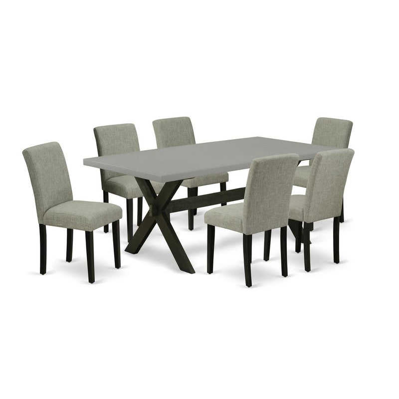 East West Furniture X697AB106-7 7-Pc Dining Table Set - 6 Kitchen Chairs and 1 Modern Rectangular Cement Wood Dining Table Top with High Chair Back - Wire Brushed Black Finish