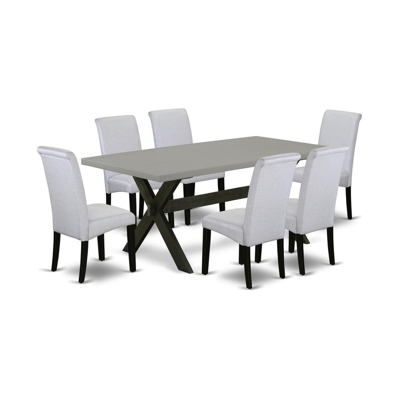 East West Furniture X697BA105-7 7-Pc Dinette Room Set - 6 Kitchen Chairs and 1 Modern Rectangular Cement Wood Dining Table Top with High Roll Chair Back - Wire Brushed Black Finish