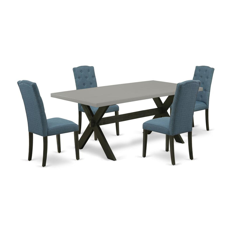 East West Furniture X697CE121-5 5-Pc Modern Dining Table Set - 4 Dining Chairs and 1 Modern Cement Dining Table Top with Button Tufted Chair Back - Wire Brushed Black Finish