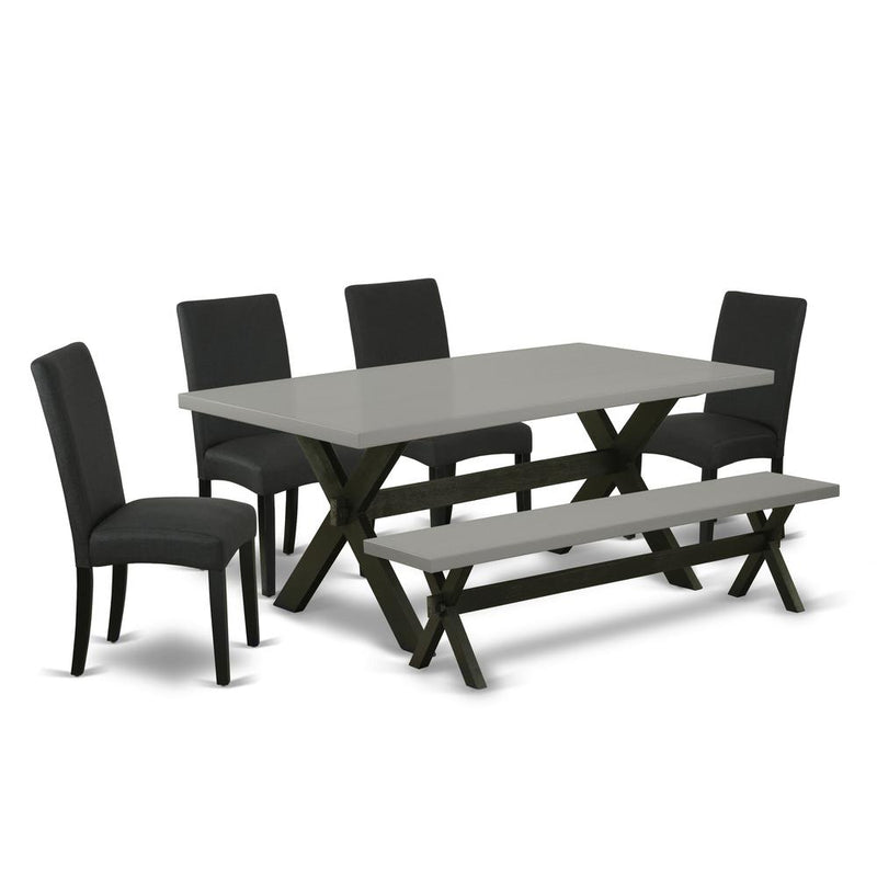 East West Furniture 6-Pc Dining -Black Linen Fabric Seat and High Stylist Back Padded Parson Chairs, A Rectangular Bench and Rectangular Top Dining Table with Wood Legs - Cement and Black Finish