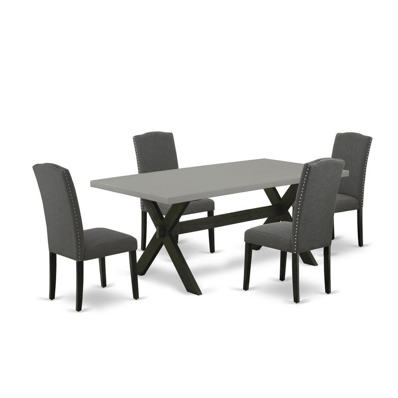 East West Furniture 5-Piece Dining room Table Set Included 4 Parson Dining chairs Upholstered Nails Head Seat and Stylish Chair Back and Rectangular dining table with Cement Color rectangular Dining T