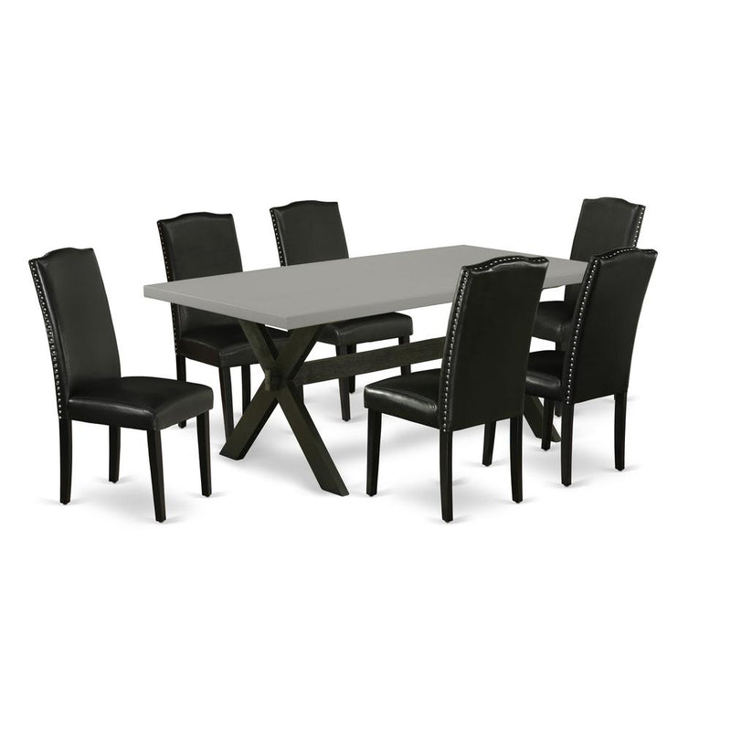 East West Furniture X697EN169-7 7-Pc Modern Dining Table Set - 6 Dining Padded Chairs and 1 Modern Cement Dining Table Top with High Stylish Chair Back - Wire Brushed Black Finish