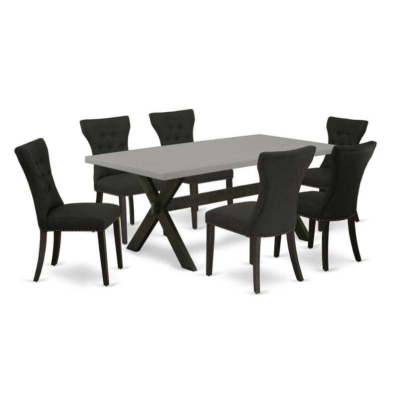 East West Furniture X697GA124-7 7-Pc Kitchen Table Set - 6 Kitchen Parson Chairs and 1 Modern Cement Breakfast Table Top with Button Tufted Chair Back - Wire Brushed Black Finish