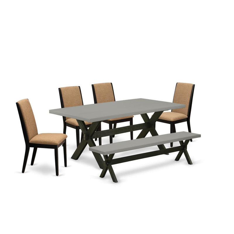 East West Furniture X697LA147-6 6-Piece Amazing Dinette Set a Good Cement Color Modern Dining Table Top and Cement Color Wooden Bench and 4 Stunning Linen Fabric Dining Chairs with Stylish Chair Back,