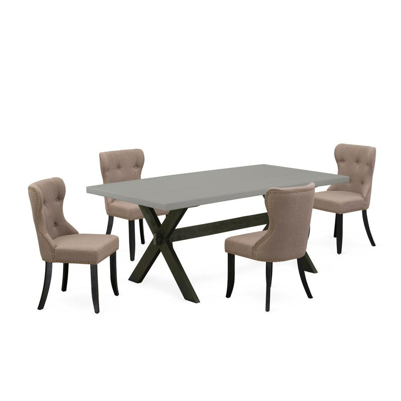 East West Furniture X697SI648-5 5-Piece Dinette Set- 4 Dining Room Chairs with Coffee Color Linen Fabric Seat and Button Tufted Chair Back - Rectangular Table Top & Wooden Cross Legs - Cement and Wire