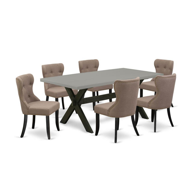 East West Furniture X697SI648-7 7-Piece Dining Room Table Set- 6 Dining Room Chairs with Coffee Linen Fabric Seat and Button Tufted Chair Back - Rectangular Table Top & Wooden Cross Legs - Cement and