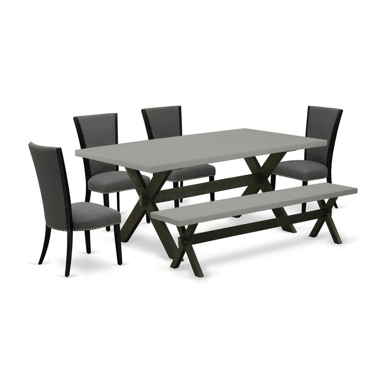 East West Furniture X697VE650-6 6 Piece Dining Set - 4 Dark Gotham Grey Linen Fabric Comfortable Chair with Nailheads and Cement Wooden Dining Table - 1 Small Bench - Black Finish