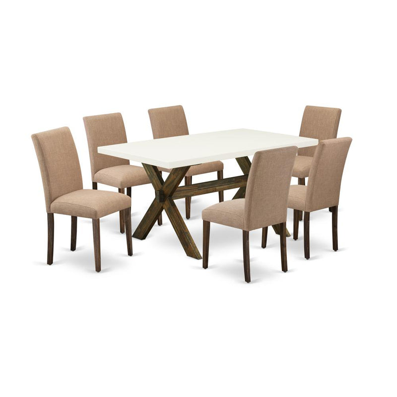 East West Furniture 7-Pc Table and Chairs Dining Set Includes 6 Mid Century Chairs with Upholstered Seat and High Back and a Rectangular Kitchen Table - Distressed Jacobean Finish