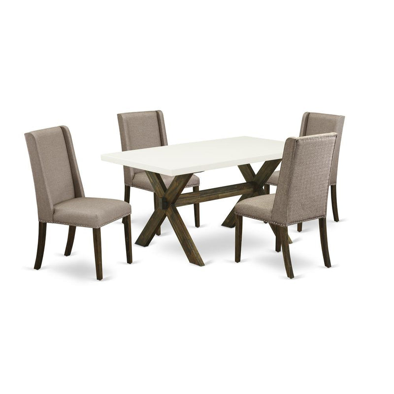 East West Furniture 5-Pc Dining Table Set Included 4 Parson Chair Upholstered Seat and Stylish Chair Back and Rectangular dining table with Linen White Kitchen Dining Table Top - Distressed Jacobean F