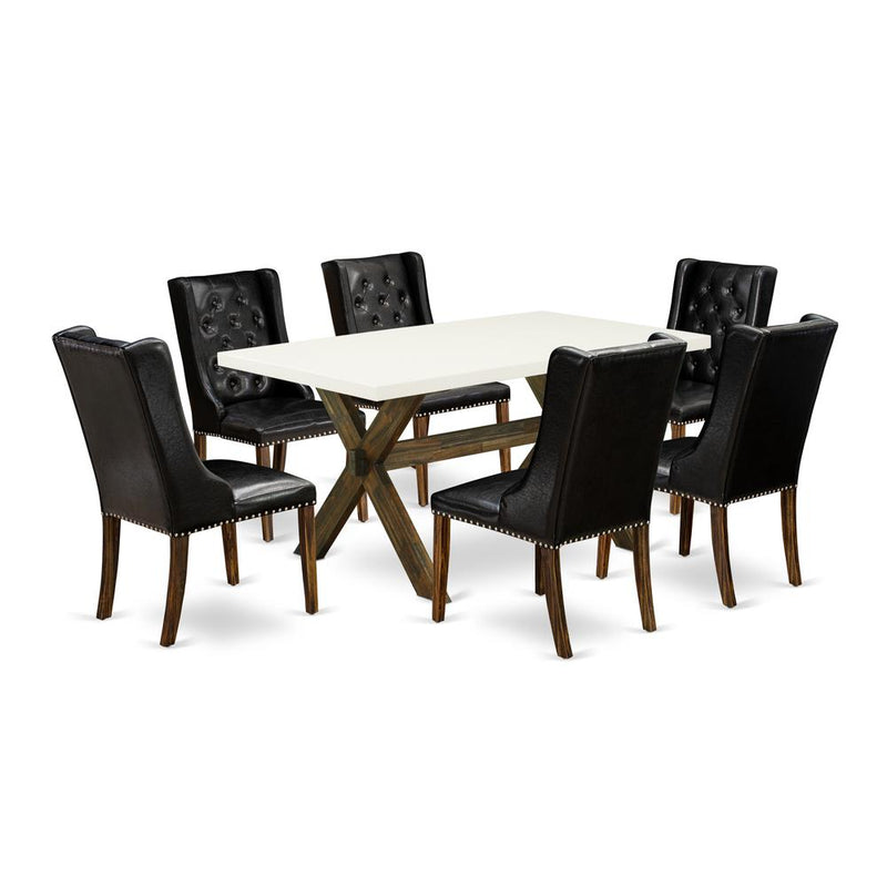 East West Furniture X726FO749-7 7 Piece Dinette Set - 6 Black Pu Leather Parson Chairs Button Tufted with Nail heads and Wood Dining Table - Distressed Jacobean Finish