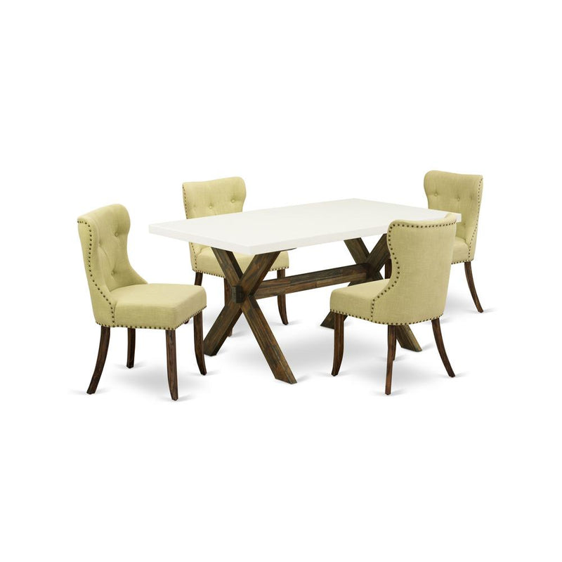 East West Furniture X726SI737-5 5-Piece Dinette Set- 4 Dining Room Chairs with Limelight Linen Fabric Seat and Button Tufted Chair Back - Rectangular Table Top & Wooden Cross Legs - Linen White and Di