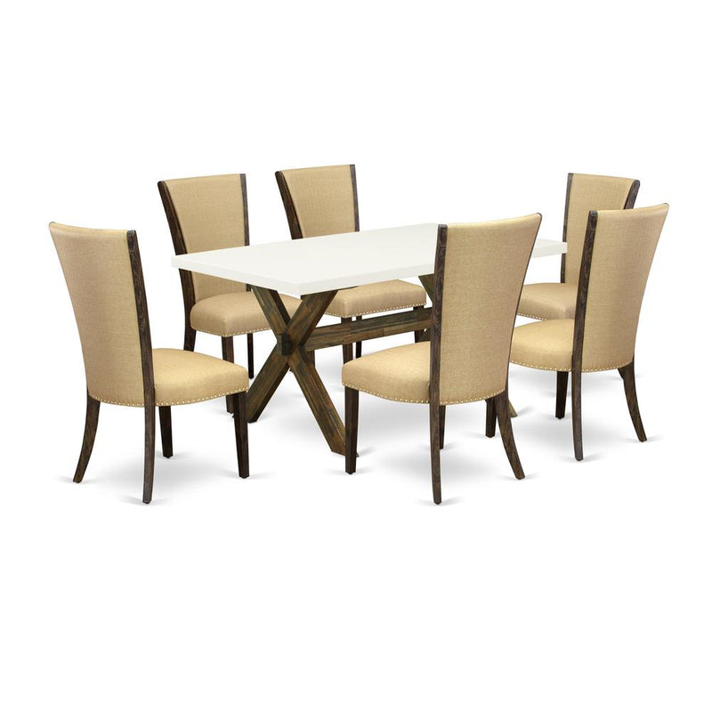 East West Furniture X726VE703-7 7Pc Dining Room Table Set Includes a Wood Table and 6 Upholstered Dining Chairs with Brown Color Linen Fabric, Medium Size Table with Full Back Chairs, Distressed Jacob