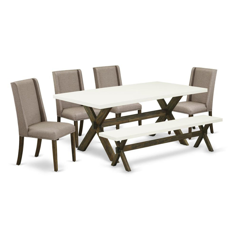 East West Furniture 6-Piece Wooden Dining Table Set-Dark Khaki Linen Fabric Seat and High Stylish Chair Back Dining room chairs, A Rectangular Bench and Rectangular Top Wood Dining Table with Solid Wo